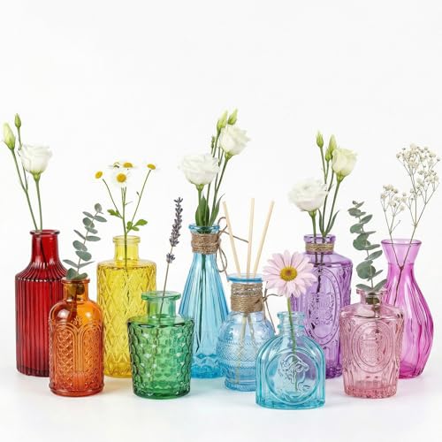 10Pcs Colored Glass Bud Vase Set Embossed Mini Small Vintage Flower Vases