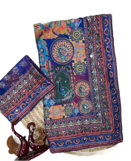 Image of Women's Chinon Silk Saree with Printed Design, Mirror Work & Zari Woven Detailing | Ethnic Wear Saree with Unstitched Blouse Piece | Traditional Festive & WeddingWear