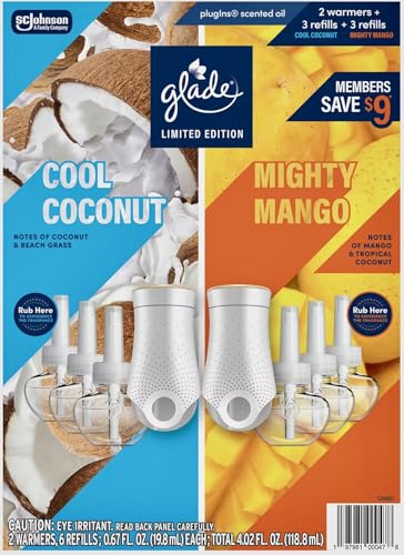 Glade Limited-Edition Cool Coconut & Mighty Mango, 6 Scented Oil Refills + 2 Warmers