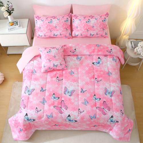JQinHome 8 Pc Butterfly Comforter Set Queen, 3D Pink Flower Printed Bedding Set for Girls Women, All Season Microfiber Butterfly Theme Home Decor Bedding with Sheet Sets — view 2