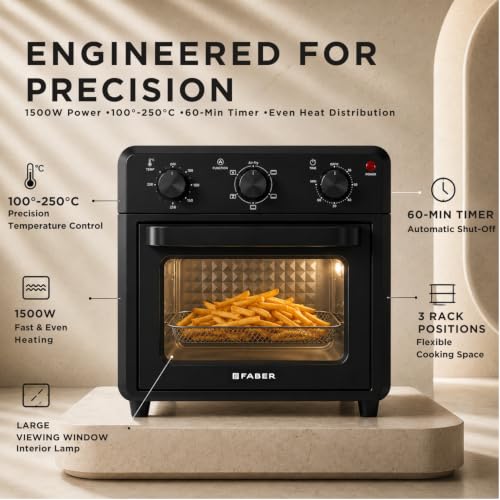 Image of Faber Air Fryer Oven 18L 1500W | Bake Tray, Tray Handle & Crumb Tray | Dishwasher safe removable parts |5 Preset Auto Program|3 Rack Positions | Roast,Fry,Toast,Defrost | FAO FryMax 18 BK
