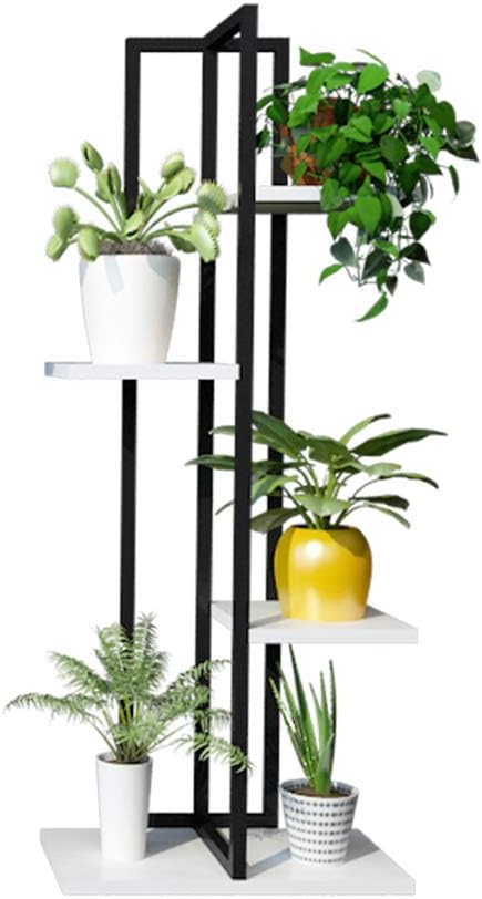 Metal Iron 4-Tier Flower Stands Garden Decor Plant Pot Standing Shelf Wooden Rack Storage Display Black Shelf Home Decor -40×20×100cm(C)