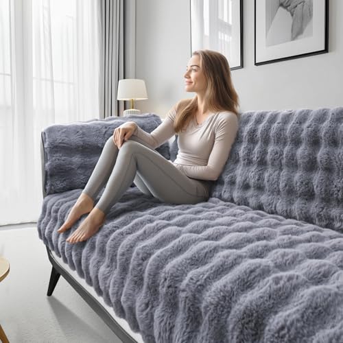 NAKIHOUSE Gray Rabbit Plush Sofa Covers 1 2 3 4 Seater, Washable Sofa Slipcovers for Corner L Shape, Non-Slip Super Thick Sofa Cushion Covers, Universal Furniture Protector (70x70cm)