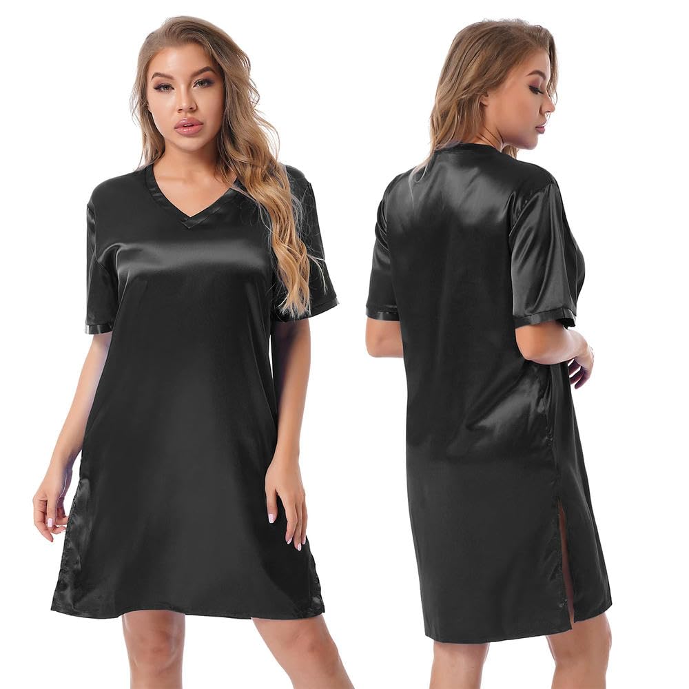GLDFW - Camicia da notte da donna in raso, a maniche corte, con scollo a V, camicia da notte in raso, abbigliamento da notte con spacchi laterali
