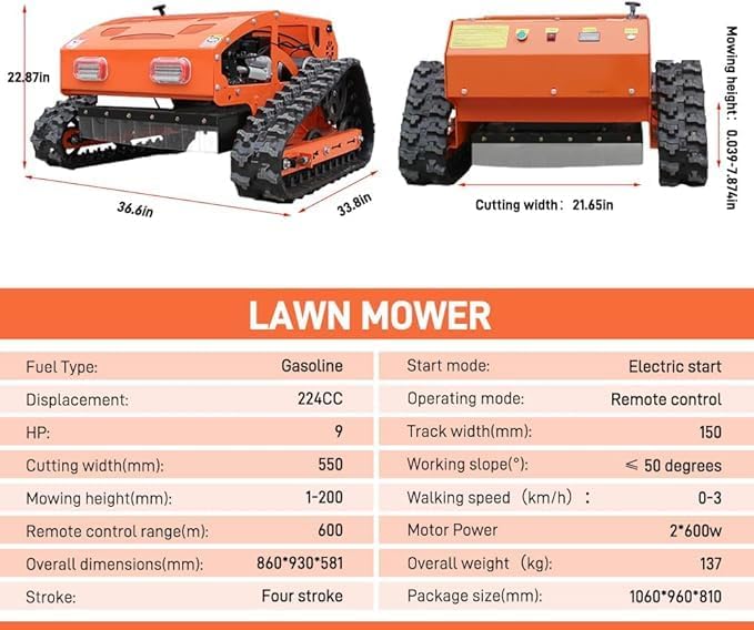 Remote Control Lawn Mower with Tracks 9HP Gas Engine, 600m Range, 21.6