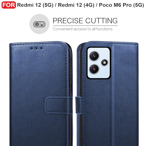 Image of CEDO Flip Cover for Redmi 12 (5G) / Redmi 12 (4G) / Poco M6 Pro (5G) | Leather Finish | Inside Pockets & Inbuilt Stand | Shockproof Wallet Style Magnetic Closure Back Case Flipcover (Blue)