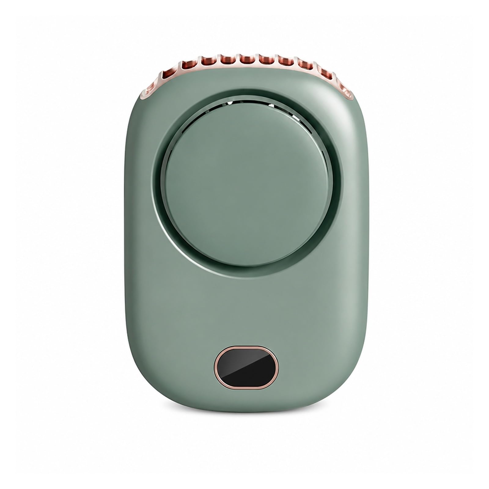 Mini ventilador portátil USB verde con clip de cintura y cuello para acampada o trabajos exterior