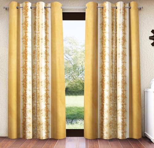 Image of Home Sizzler 2 Pieces Bloom Line Grommet Eyelet Polyester Window Curtains - 5 Feet, Gold