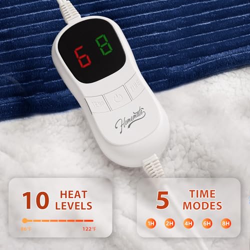 Image of Homemate Heated Blanket Electric Throw - 50 inchx60 inch Heating Blanket Throw 1 /2 /4 /6 /8 Hours Auto-Off 10 Heat Levels Over-Heat Protection Soft Flannel Sherpa ETL Certification