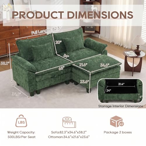Image of IPKIG 82.3 inch Modular Cloud Couch with Storage, L Shaped Sectional Sofa with Ottoman & Pillow, Chenille Deep Seat Sectional Couches for Living Room, Apartment, Green