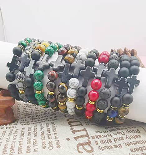 Wainis 12 Pcs 8Mm Beads Bracelet For Men Women Lava Rock Tiger Eye Stone Howlite Stone Stretch Elastic Bracelet Set #TOP6