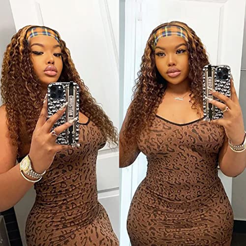 Image of Celiarita Ombre Headband Wig Human Hair Deep Wave Human Hair Wigs for Black Women Highlight Glueless None Lace Front Machine Made Brazilian Virgin Deep Wave Headband Wig Human Hair 16Inch