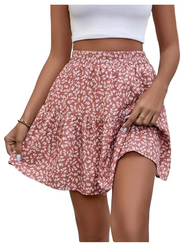 Women's Ditsy Floral A Line Mini Skirt Elastic High Waisted Ruffle Summer Boho Short Skirts