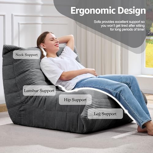Image of Hobestluk Adults Bean Bag Chair Faux Fur BeanBag Couch for Living Room | Grey Corduroy,Ergonomic Design,Memory Foam,UltraSoft,Anti-slip Bottom,No Assembly Required,Decorative Style for Living Room