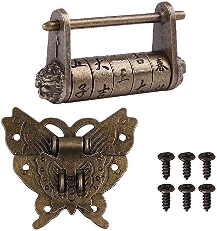 Antique Character Combination Locks with Key & Latch Hasp Set, Vintage Jewelry Gift Box Decorative Padlock Lock Hardware Latch Set for Wood Box, Password Lock