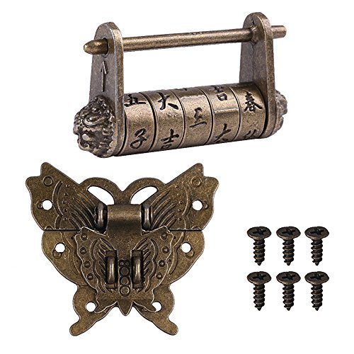 GTHER Chinese Character Combination Vintage Lock & Butterfly Latch Hasp & Screws for Cabinet Jewelry Box Gift Box