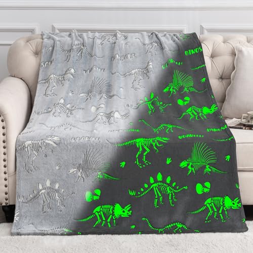 Image of Dinosaur Gifts Toys for Kids Boys - Dino Glow in The Dark Blanket Christmas Birthday Valentines Easter Presents for Age 2 3 4 5 6 7 8 9 10 11 Years Old Teen Girls Toddler Children Throw Gray 50 inchx60 inch