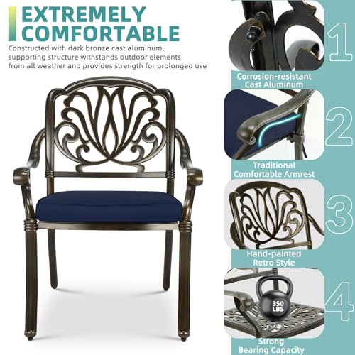 Image of MEETWARM 7-Piece Outdoor Patio Dining Set, 6 Outdoor Dining Cushioned Chairs and 1 Rectangle Table with 2 inch Umbrella Hole, All Weather Cast Aluminum Patio Funiture Set for Backyard, Navy Blue