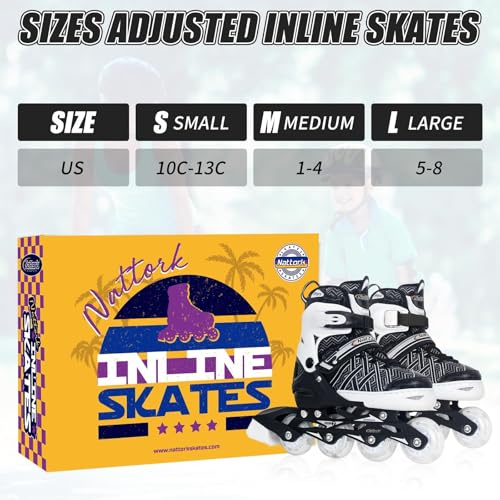 Image of Nattork Adjustable Inline Skates for Kids Boys & Girls, Blue Black Red with Light up Wheels, Youth Blade Roller Skating for Beginners Ages 3-15 (Black Knight-1, Medium(US 1-4Y) Big Kids)