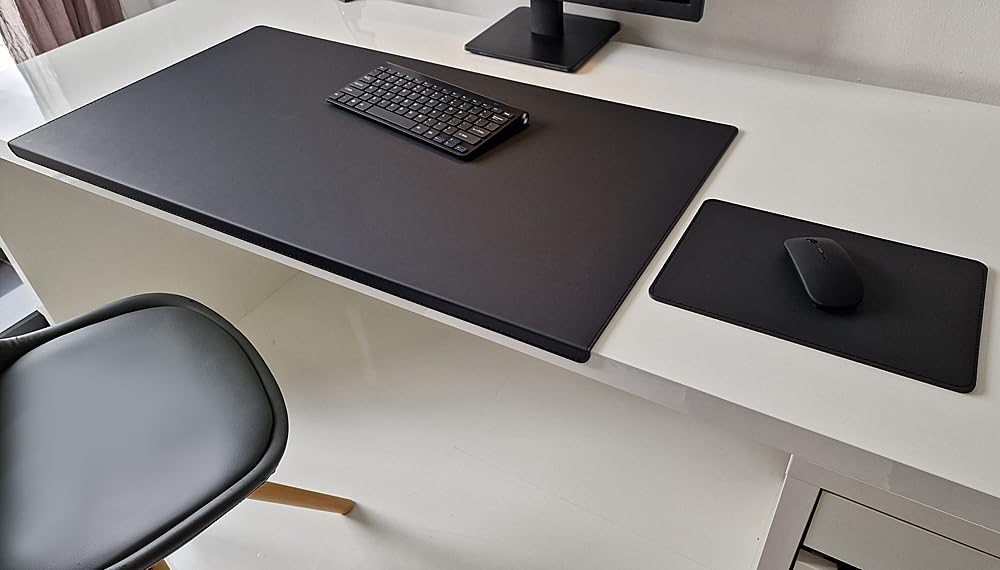 Gewinkelte Schreibtischunterlage mit Kantenschutz + Mousepad Echt Leder Schwarz 70 x 47cm Echt Rindsleder glatt