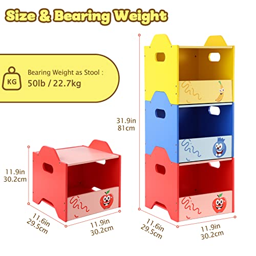 Funlio Stackable Wooden Toy Box With Lid (3Pcs), 2-In-1 Toy Chest & Stool, Colorful Fruit Design Toy Chest For Boys/Girls, Cute Small Toy Storage Bins For Living Room/Bedroom, Easy To Carry & Assemble #TOP5