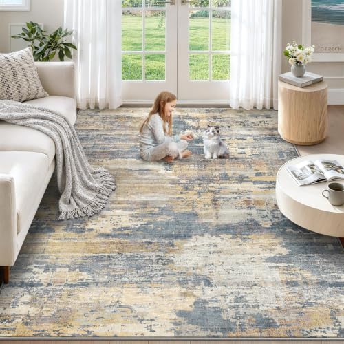 XLUEZ 5x7 Area Rugs for Living Room, Washable Modern Abstract Large Area Rug Neutral Soft Non Slip Kids Rug Stain Resistant Indoor Carpet for Bedroom Nursery Dining Room Playroom(BlueBeige, 5'x7') - image 1