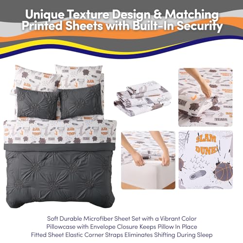Image of Basketball Pintuck Comforter Set Full Size - Bed in a Bag with Sheets, Pillowcases & Shams - Soft Stylish Sports Bedding - All Season Boys Basketball Bed Set