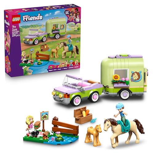 LEGO Friends Reboque para cavalo e - conjunto de conjunto com 4 figuras de animais inc. Cavalos de brinquedo, carro, 2 mini bonecas e acessórios - presente de aniversário para meninas de 7 anos