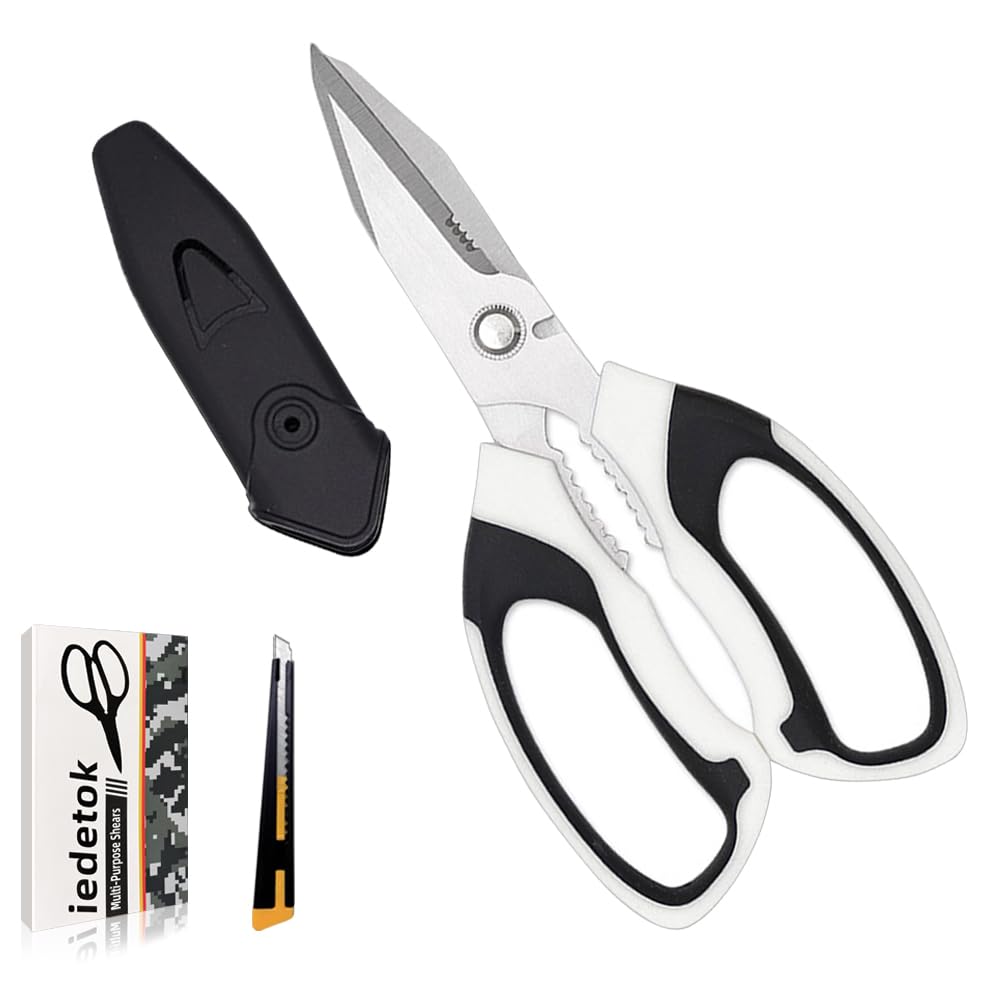 iedetok Utility Scissors Heavy Duty, Heavy duty Shears Stainless Steel Blades with Protective Case, Multipurpose Scissors for Cutting Cardboard,