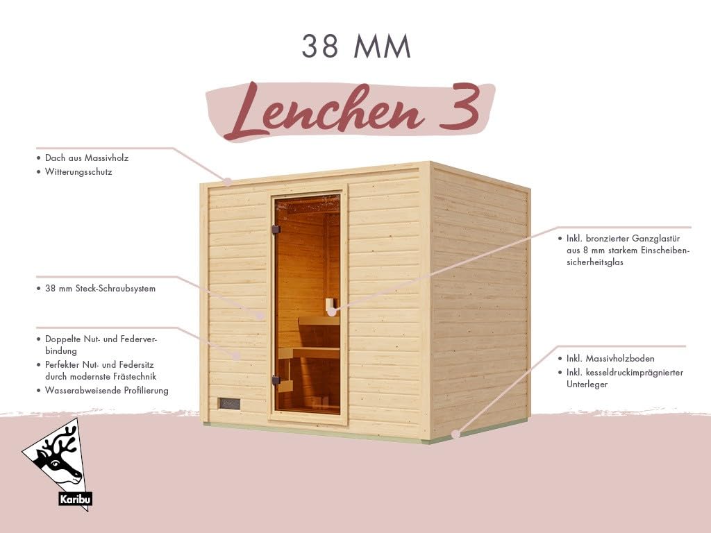 Karibu Gartensauna 230,8x189,9x219,5cm│Garten Sauna aus Fichte 38mm│mit bronzierter Glastür & 2 Liegen│Fronteinstieg│Massivholz│9kW Saunaofen mit EXT. Steuerung│für 2–4 Personen + Boden