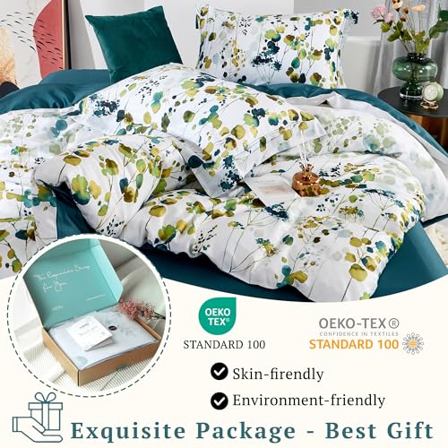 Image of MILDLY 100% Long Staple Cotton 3pcs Queen Duvet Cover Set, Ultra Soft Yellow Green Leaves Printed Autumn Comforter Cover Set