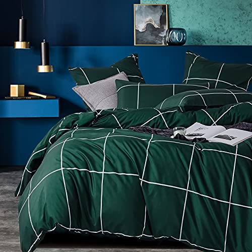 Sedefen Housse de Couette 200x200cm + 2 x Taies d'oreiller 65x65cm,à Carreaux Géométrique Vert foncé avec Fermeture Éclair en Microfibre Parure de lit 2 Personnes