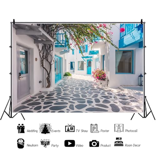 MIRRORANG 2,2x1,5m Greece Santorini Backdrop Blue Architecture Santorini Sreet Backdrop Wedding Honeymoon Decoration Bridal Shower Party Travel Event Background for Photography Vinyl - Image 3