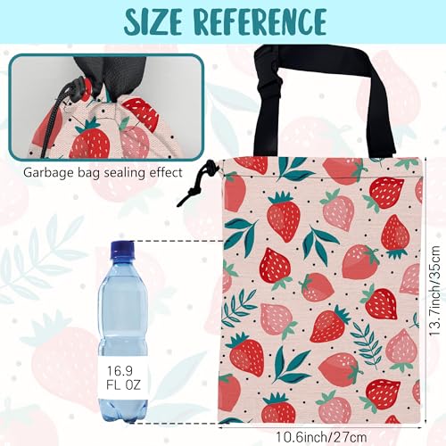 Image of Car Garbage Bag Strawberry Berries and Leaves Hanging Canvas Car Trash Bag Waterproof Drawstring Car Back Seat Organizer for Car Back Front Seat Console with Adjustable Buckle