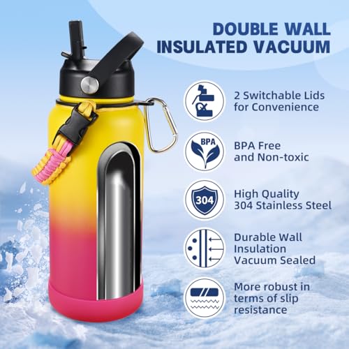 Image of Insulated Water Bottle, 32 oz Stainless Steel Wide Mouth Water Bottles with 2 Leak Proof Lid and Paracord Handle, Double Wall Vacuum Insulated Sports Water Bottle, Yellow Pink