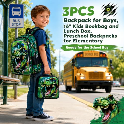 Image of 3Pcs Boys Backpack, 16 inch Dinosaur Bookbag for Elementary Preschool Kindergarten, Dino Kids School Backpacks with Lunch Box(Green)