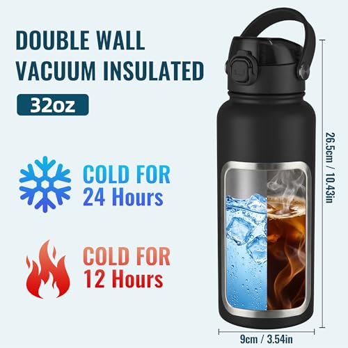 Image of OLDLEY 32oz Insulated Water Bottle with 2-in-1 Straw & Chug Lid, Leakproof Stainless Steel Bottle, Double Wall Vacuum Insulated Water Bottle for Sports, Gym, Travel,Black