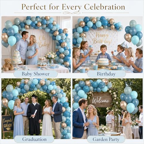 Image of Blue Balloons Dusty Peacock Balloons Champagne Gold Assorted Muted Blue Balloon for Whale Theme Party Decorations Under the Sea Birthday Slate Teal Blue Balloon for Arch Graduation Baby Shower