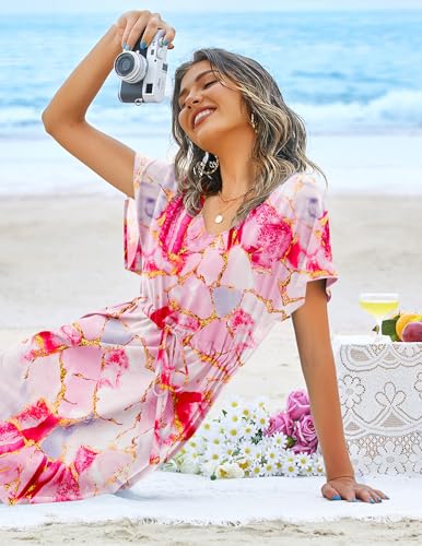 Image of Ekouaer Womens Swimsuit Coverup Short Sleeve Beach Cover Up Dress V Neck Bikini Beachwear