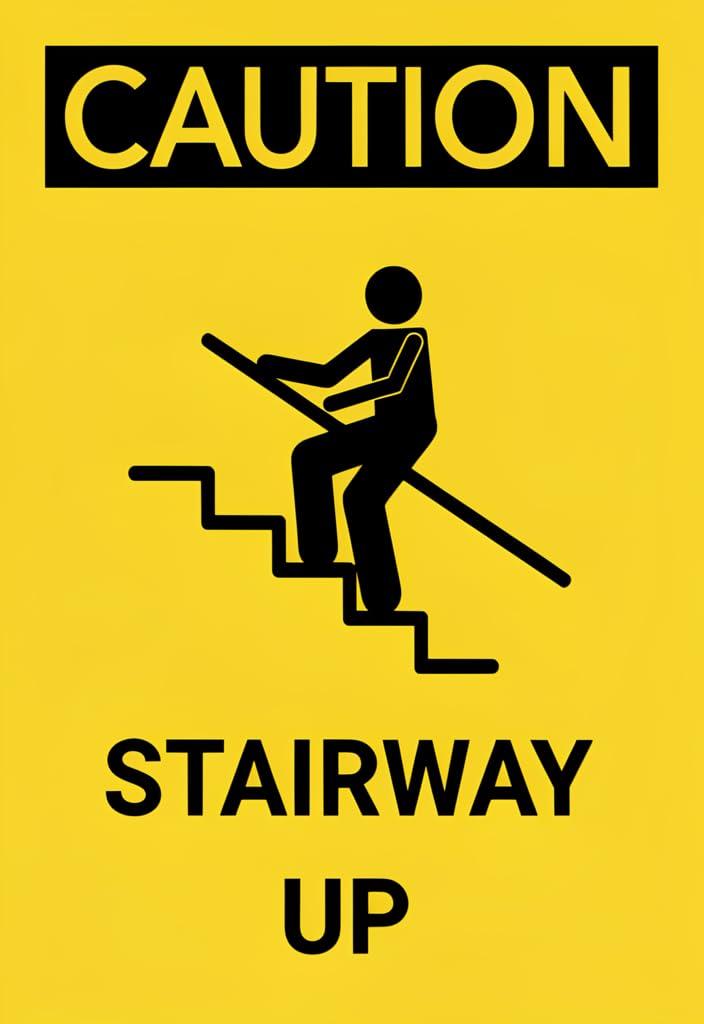 peiyeety Caution Stairway Up Tin Sign 12x8 Inch, Yellow & Black Safety Warning Metal Wall Decor, Industrial Retro Plaque for Stairs, Basement, Garage, Office, Man Cave Gift