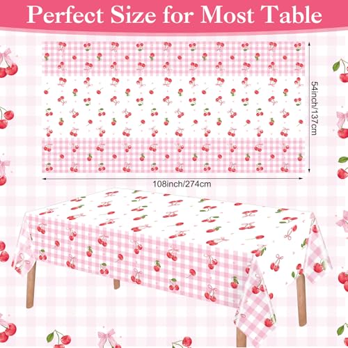 Image of Ganeen 3 Pcs Cherry Birthday Decorations Pink Bows Cherry Tablecloths Disposable Plastic Gingham Rectangle Table Cover Waterproof for Birthday Baby Shower Wedding Party Supplies, 54 x 108 Inch