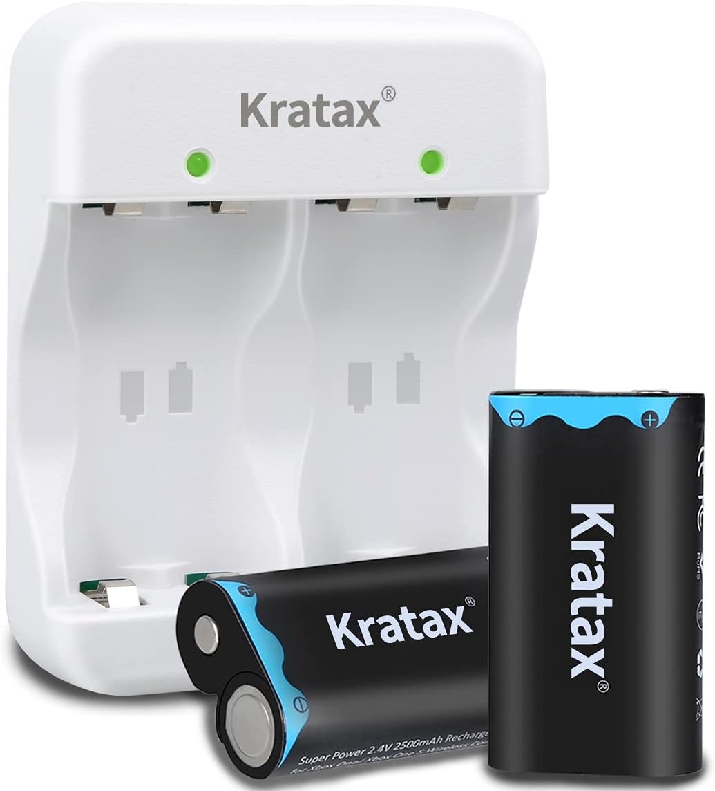 Kratax 2500mAh Rechargeable Batteries 2 Count for Xbox One with Fast Charger, 48 Hours Playtime