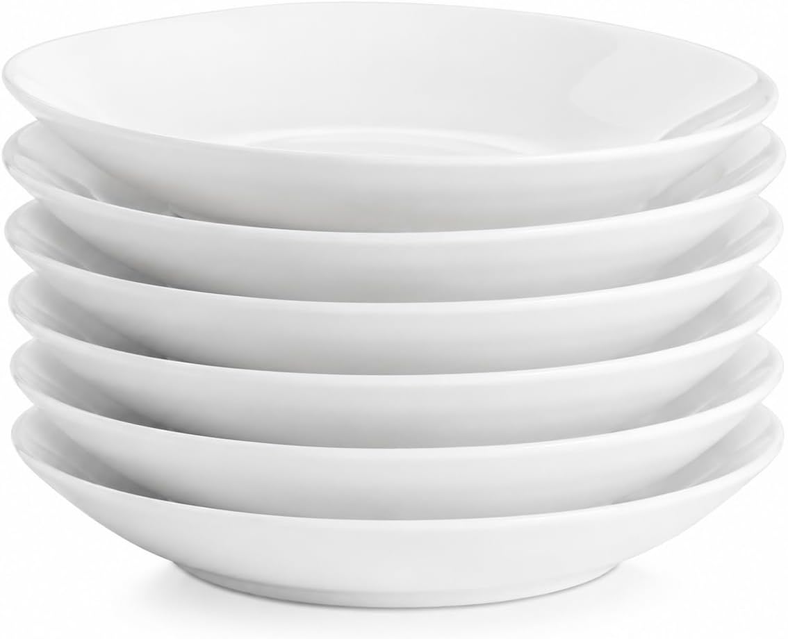 6 Pack White Pasta Bowls,9 Inch Ceramic Salad Plates with Wide Rim