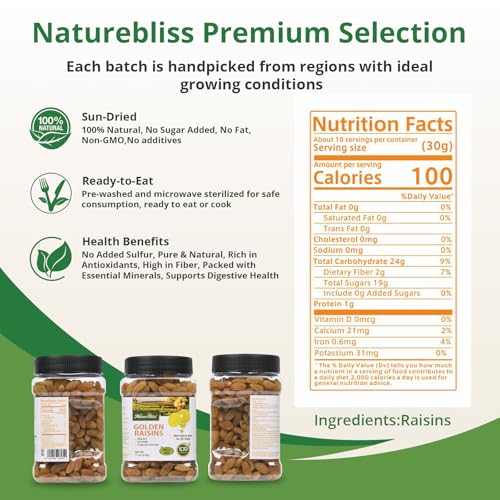 Naturebliss Premium Golden Raisins, Seedless Grape Dried Fruit Snacks, No Sugar Added, No Preservatives, Non-GMO, Naturally Shade-Dried Raisins, Healthy Power Gummy Snack (11 OZ/Pack of 1) - Image 2