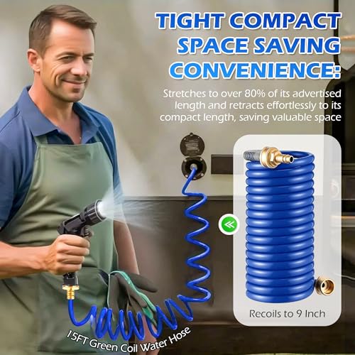 Image of RV Exterior Shower Hose, 15FT Coil Water Hose with 1 /2 inch Quick Connect Adapter, Recoils to 9 inch - Weather Resistant Recoil Garden Camper Tube for RV Outdoor Shower, Garden Use, 3 /4 inch Fitting