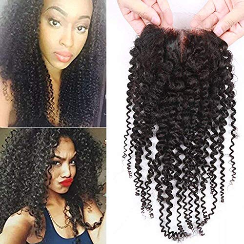 Sunwell Brazilian Virgin Human Hair Closure 3.5x4 Kinky Curly Human Hair Lace Closure with Baby Hair Bleached Knots Natural Color Middle Part 10"