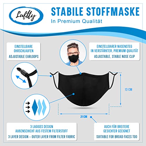 Luftty Premium Stoffmaske mit Ventil und Filtertasche | Maske schwarz und versch. Farben | Gesichtsmaske waschbar mit verstellbaren Ohrschlaufen | Innen Baumwolle (Ventil - Schwarz)