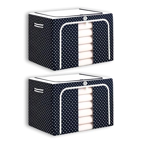 Image of BTAG Pack of 2 Assorted Storage Baskets (49L x 39W x 30H CM) Non-Woven Foldable Wardrobe Organizer with Metal Frame Rectangle, Storage Box with Handles for Clothes, Books, Toys, Blankets & Closet Use.
