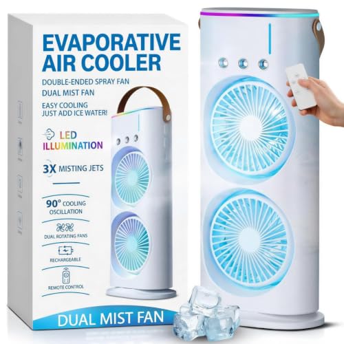Image of (𝗪𝗶𝘁𝗵 𝟭𝟲 𝗬𝗲𝗮𝗿𝘀 𝗪𝗮𝗿𝗿𝗮𝗻𝘁𝘆) Mini Portable Desktop Cooler for Room AC Style Small Dual Spray Fan with Remote 280ml Tank for Kitchen Bedroom & Office Table