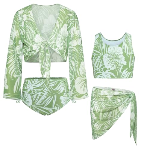 Image of GRACE KARIN Girls Bathing Suit Adjustable Taniki Swimsuit Tie Front 4 Piece Bikini Set with Kimono Cover Up 6-14